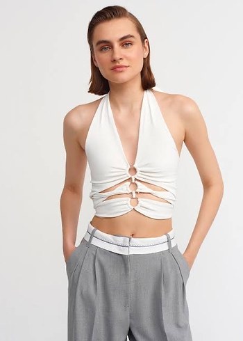 Turuncu Drapeli Boyundan Bağlamalı Crop Top - Görsel 5
