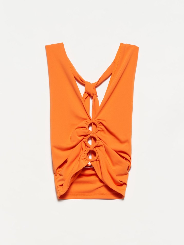 Turuncu Drapeli Boyundan Bağlamalı Crop Top - Görsel 2