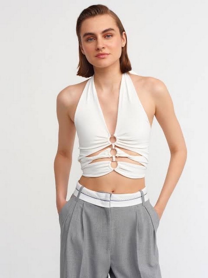 Turuncu Drapeli Boyundan Bağlamalı Crop Top - Görsel 5