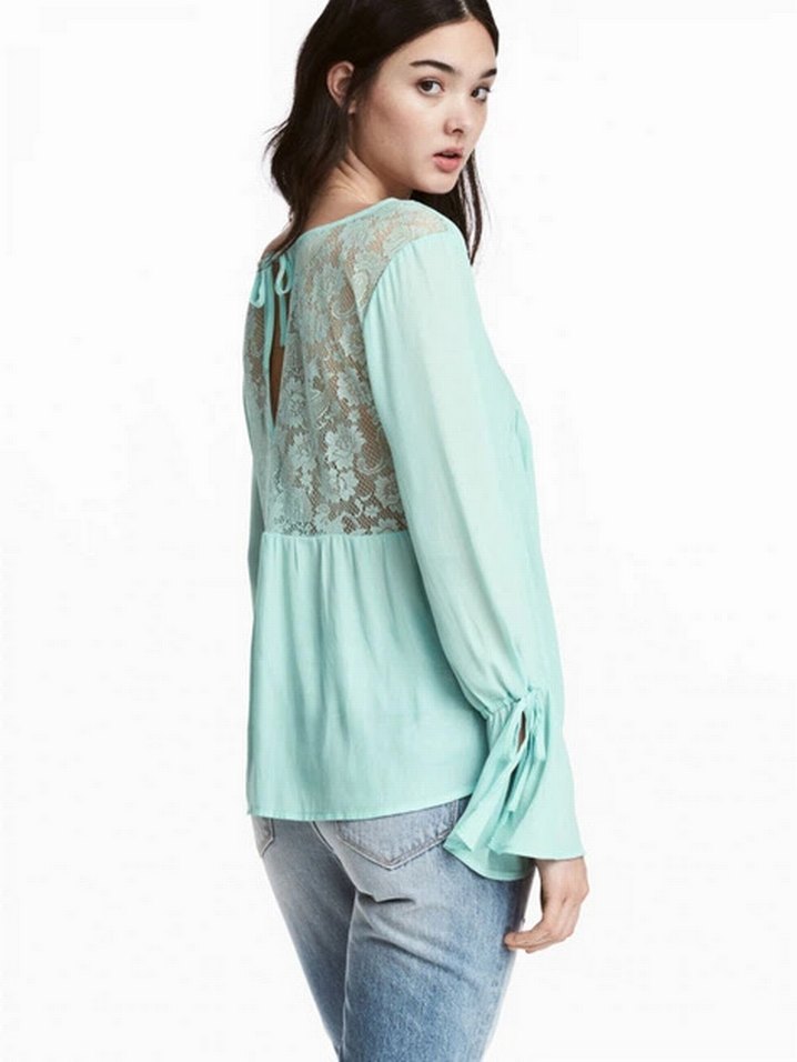 H&M Dantel Detaylı Turkuaz Fairy Uzun Kollu Bluz - Görsel 2