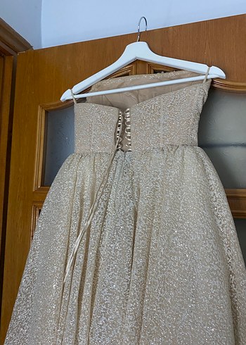 Drapeli Straplez Uzun Bej Nişan Elbisesi özel dikim - Görsel 3