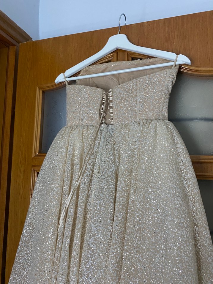 Drapeli Straplez Uzun Bej Nişan Elbisesi özel dikim - Görsel 3