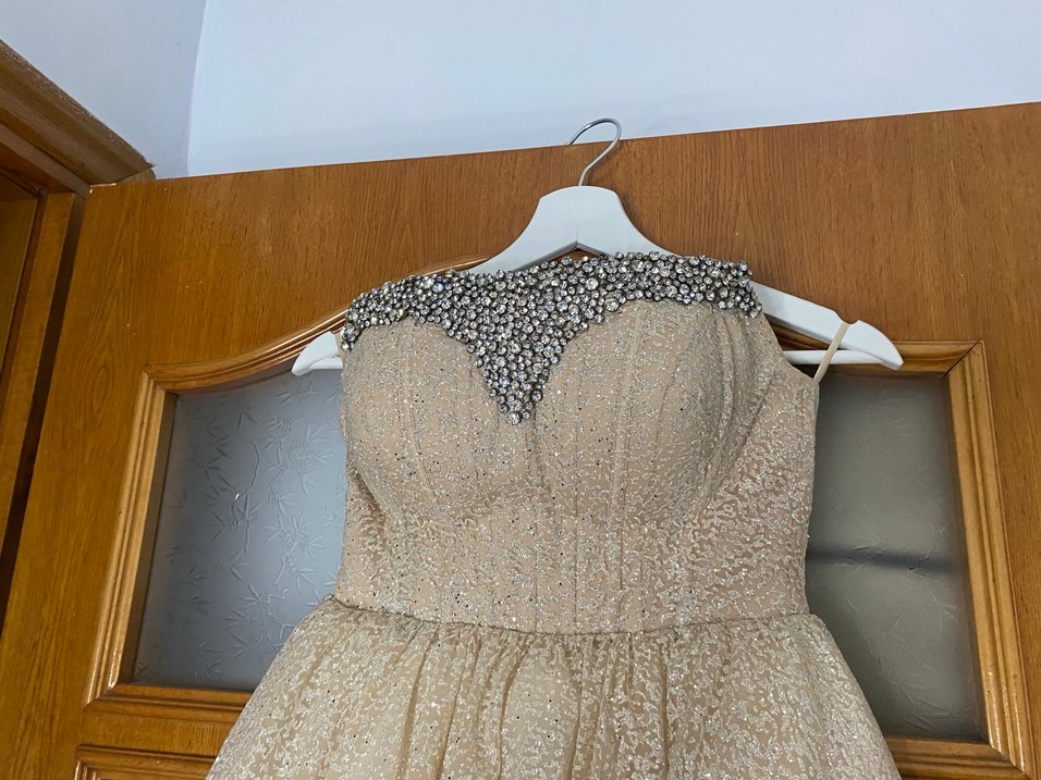 Drapeli Straplez Uzun Bej Nişan Elbisesi özel dikim - Görsel 2