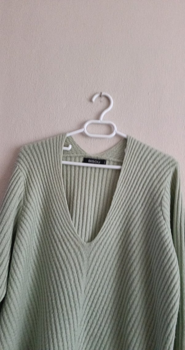 V Yaka Yeşil Triko Kadın Kazak - Görsel 2