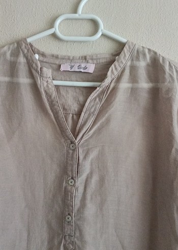 Bej Keten V Yaka Düğmeli Kadın Gömlek - Görsel 2