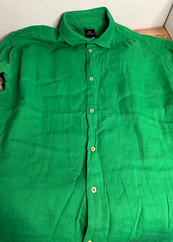 Yeşil Keten Kısa Kollu Gömlek - Görsel 4