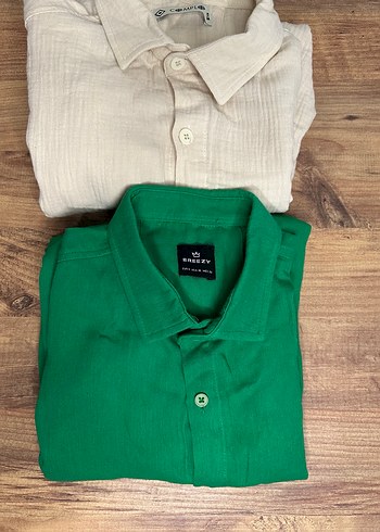 Yeşil Keten Kısa Kollu Gömlek - Görsel 2