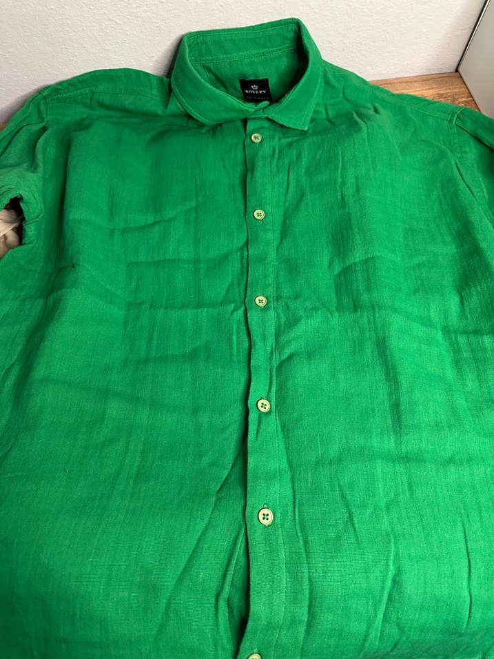 Yeşil Keten Kısa Kollu Gömlek - Görsel 4