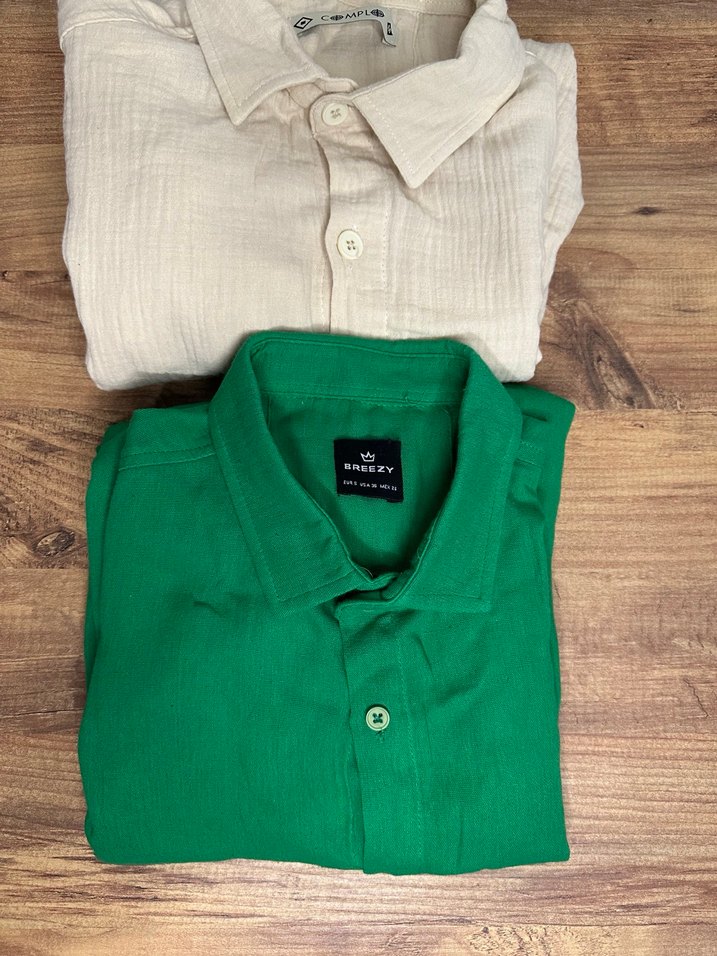 Yeşil Keten Kısa Kollu Gömlek - Görsel 2