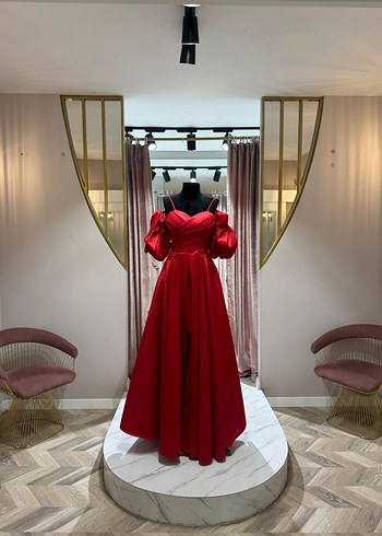 Parlak Kırmızı Drape ve Nakışlı Uzun Abiye - Görsel 5