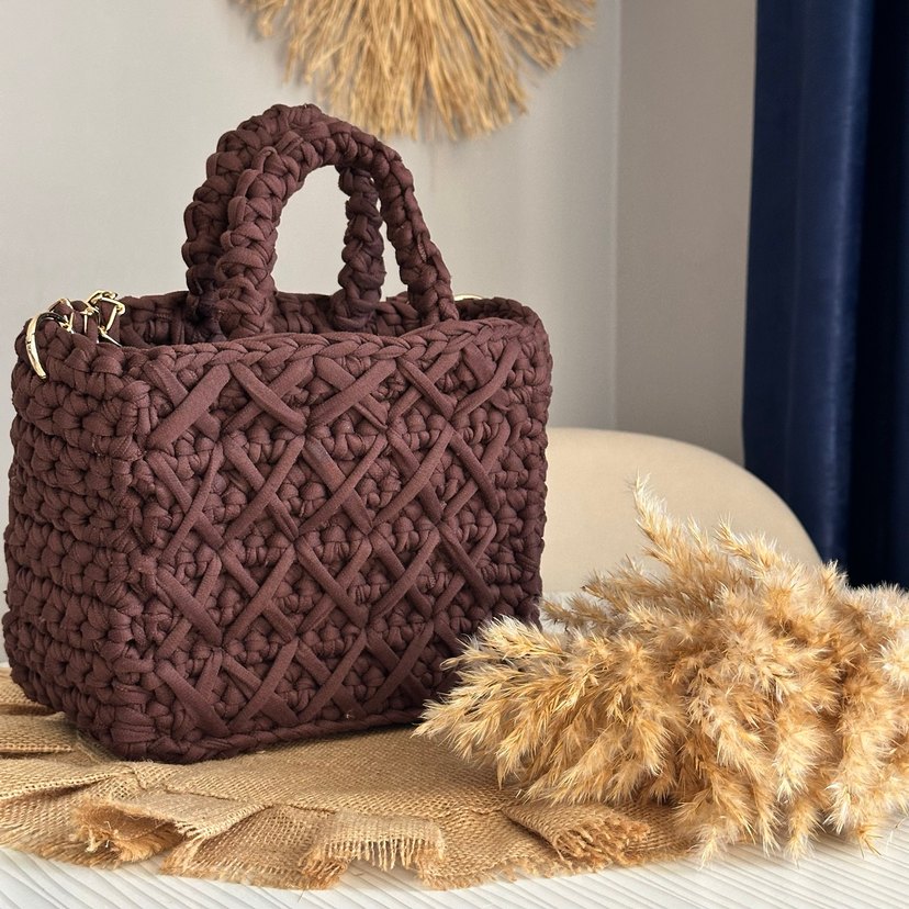 Örgü Kahverengi Bohem Kadın Çanta - Görsel 2