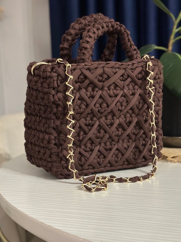 Örgü Kahverengi Bohem Kadın Çanta - Görsel 3