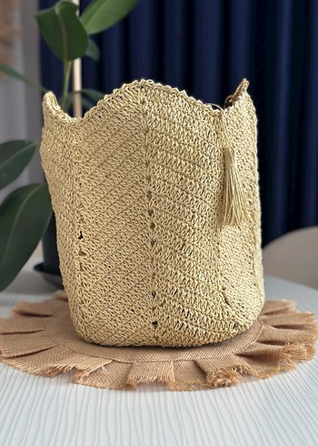 Bej Nakışlı Örgü Bohem Kadın Çanta - Görsel 3