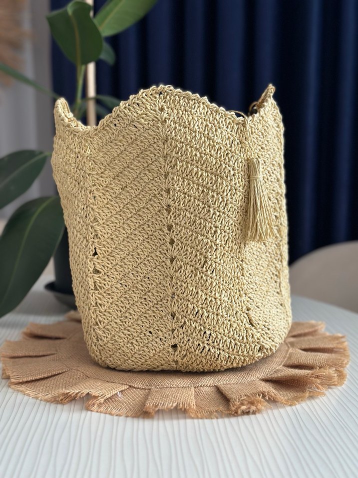 Bej Nakışlı Örgü Bohem Kadın Çanta - Görsel 3