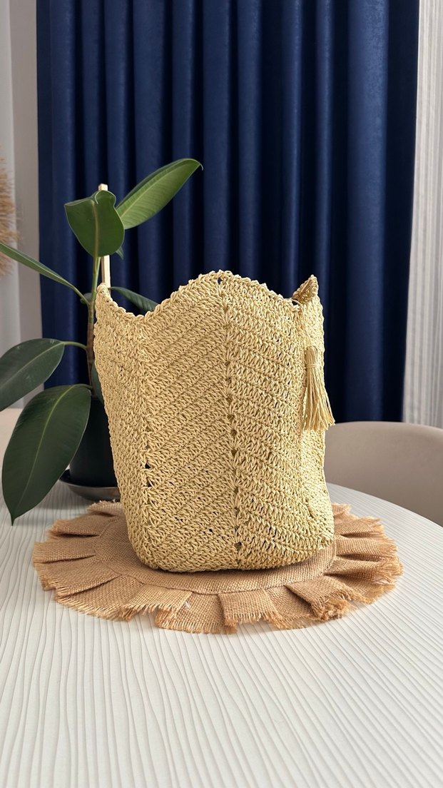 Bej Nakışlı Örgü Bohem Kadın Çanta - Görsel 2