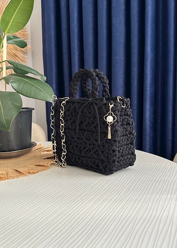 Siyah Nakışlı Örgü Bohem Kadın Çanta - Görsel 5