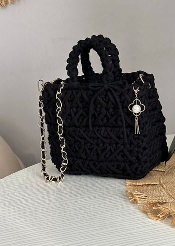 Siyah Nakışlı Örgü Bohem Kadın Çanta - Görsel 2