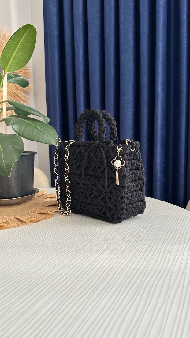 Siyah Nakışlı Örgü Bohem Kadın Çanta - Görsel 5