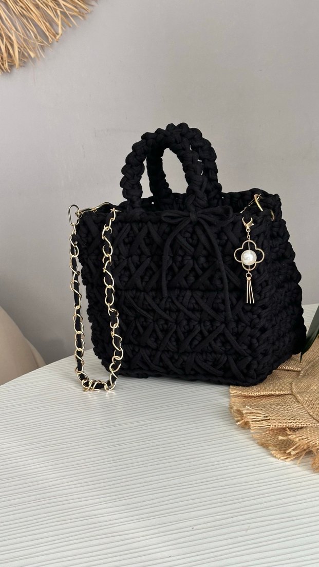 Siyah Nakışlı Örgü Bohem Kadın Çanta - Görsel 2