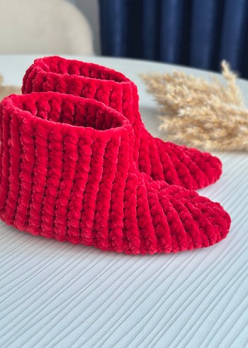 Kız Çocuk Kırmızı Örgü Sıcak Ev Terliği - Görsel 4