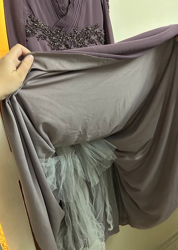 Uzun Kollu Drape Detaylı Mor Abiye Elbise - Görsel 5