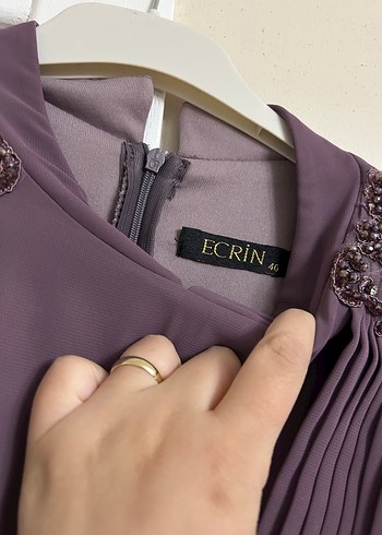 Uzun Kollu Drape Detaylı Mor Abiye Elbise - Görsel 4