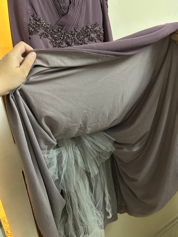 Uzun Kollu Drape Detaylı Mor Abiye Elbise - Görsel 5