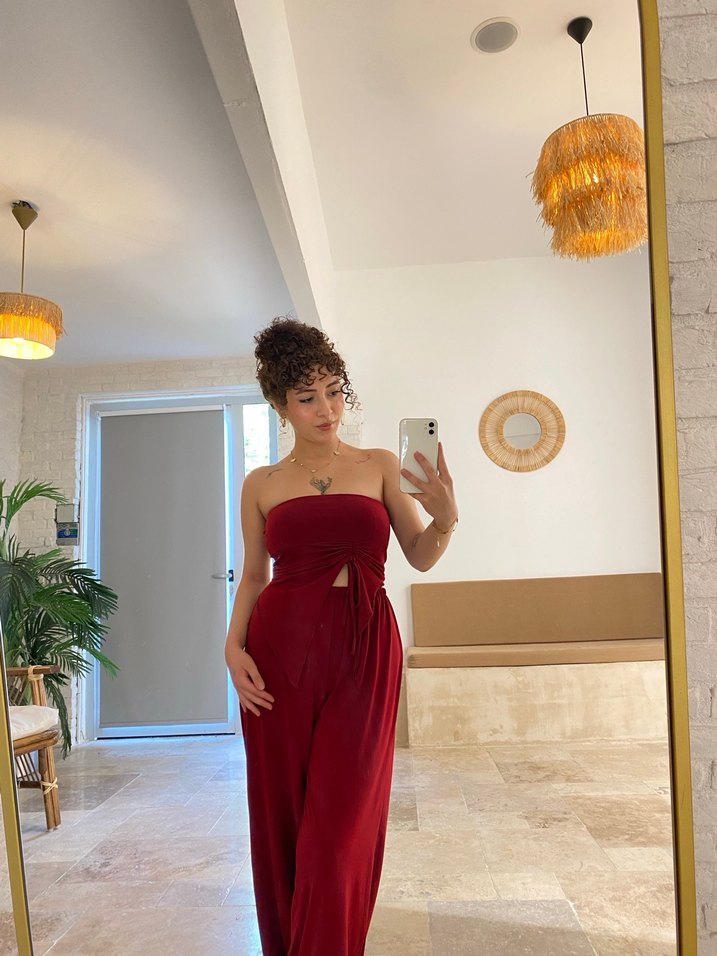 Bordo Drapeli Crop Takım - Görsel 2