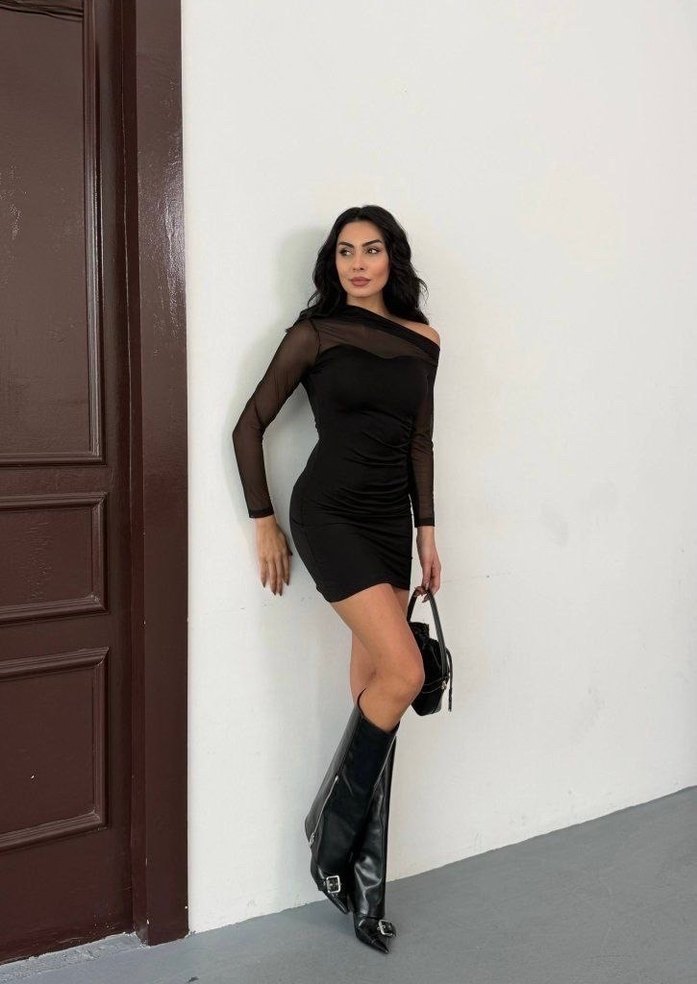 Şeffaf Detaylı Siyah Mini Elbise - Görsel 4