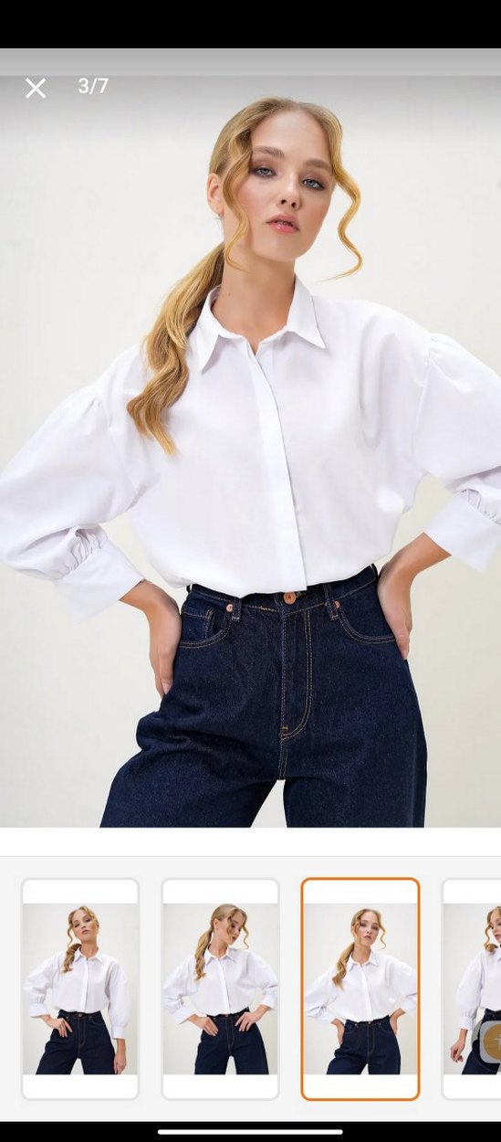 Kadın Beyaz V Yaka Denim Gömlek - Görsel 3