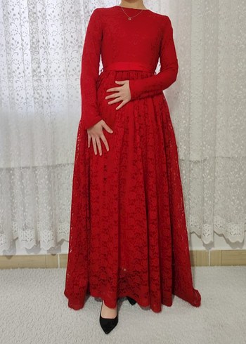 Klasik Dantelli Kırmızı Uzun Kollu Kadın Elbise - Görsel 3