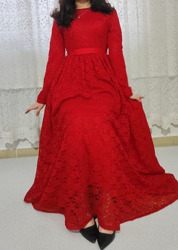 Klasik Dantelli Kırmızı Uzun Kollu Kadın Elbise - Görsel 2