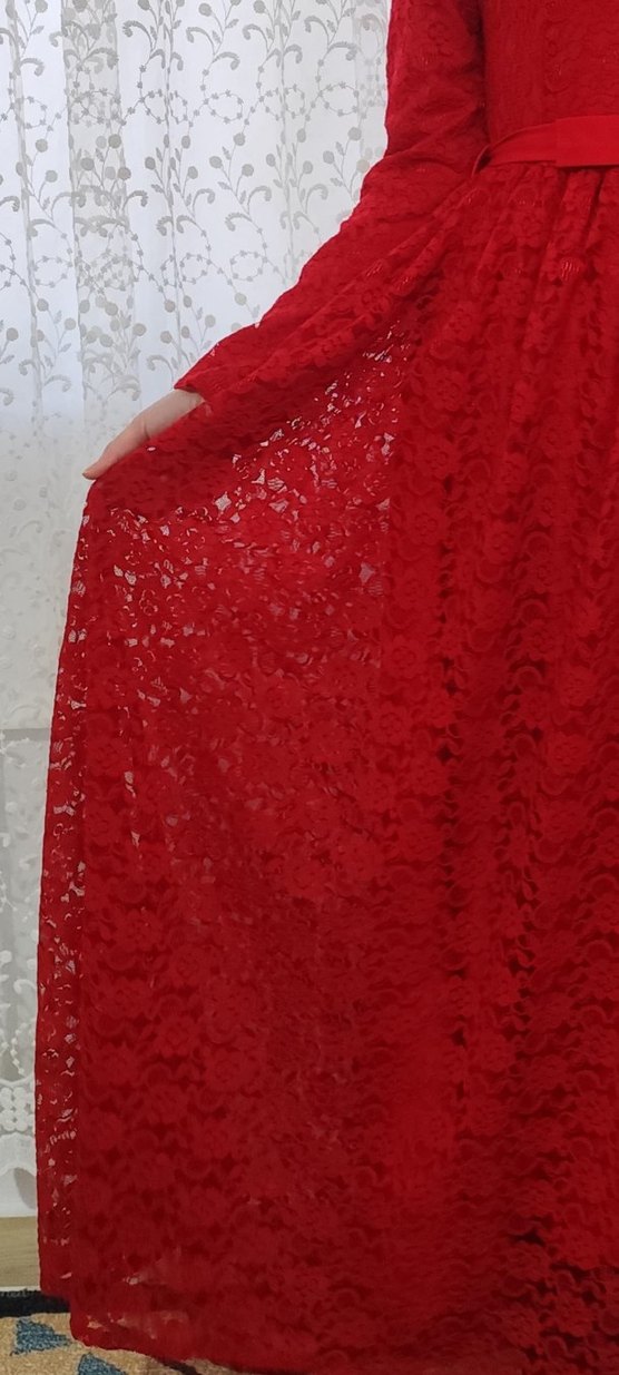 Klasik Dantelli Kırmızı Uzun Kollu Kadın Elbise - Görsel 4