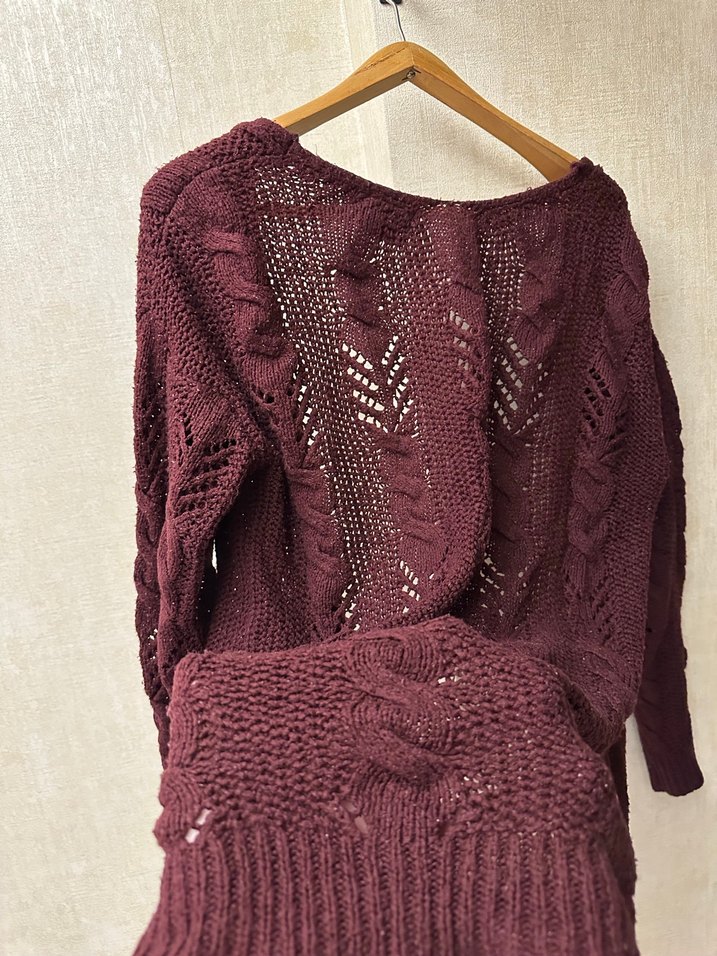 Bordo Bohem Örgü Kadın Hırka - Görsel 4