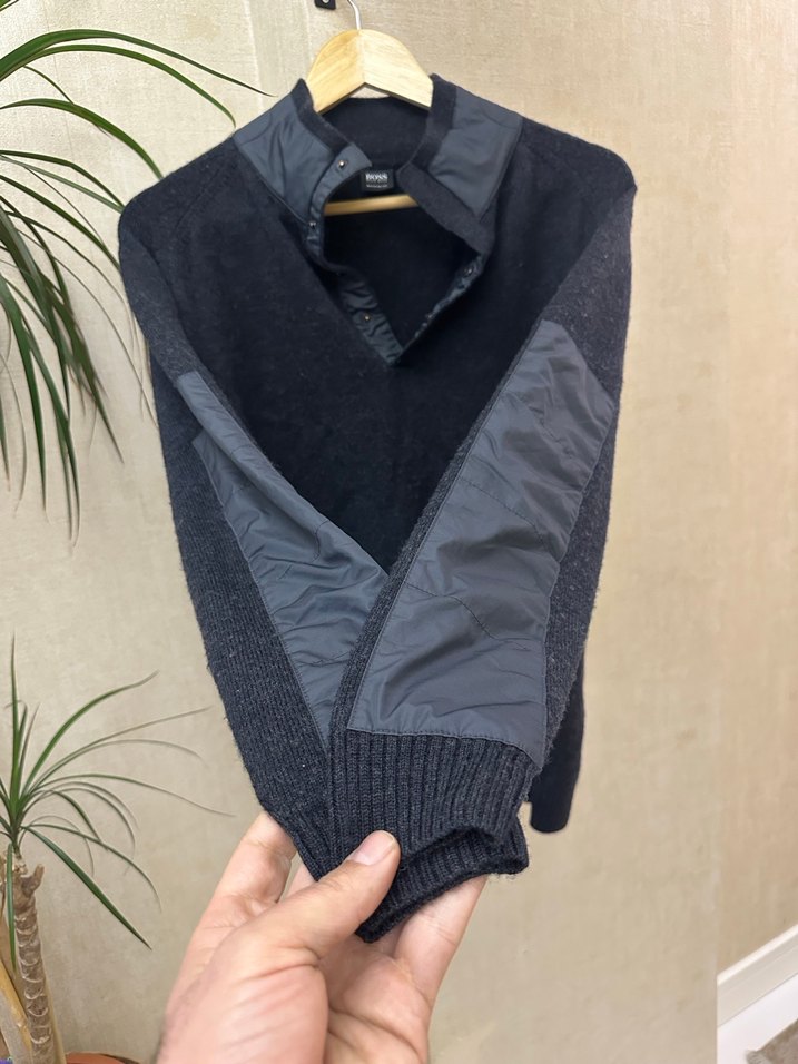 HUGO BOSS Marka Gri Yarım Fermuarlı Örgü Yün Kazak - Görsel 5