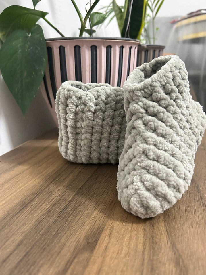 Kız/Erkek Çocuk Gri Örgü Sıcak Ev Botu - Görsel 2