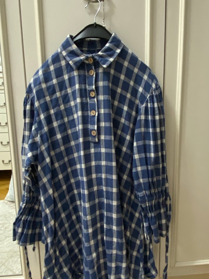 Mavi Ekose Desenli Uzun Kollu Kadın Gömlek - Görsel 2