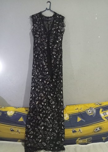 Siyah Payetli Nakışlı Uzun V Yaka Abiye Elbise - Görsel 2