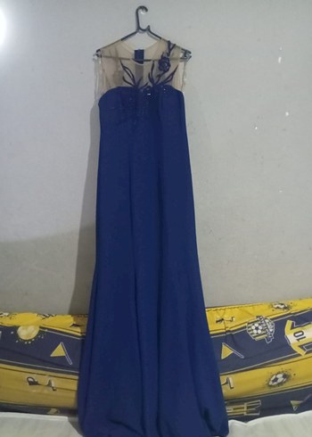 Mavi İşlemeli V Yaka Uzun Abiye Elbise - Görsel 3