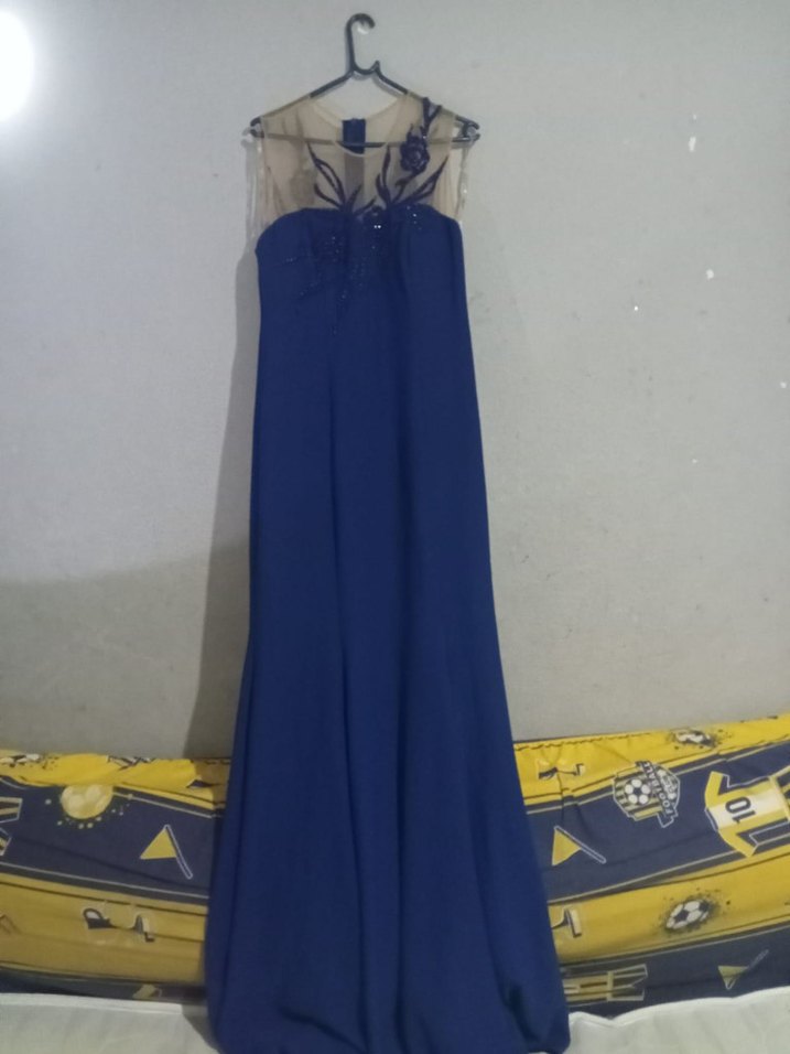 Mavi İşlemeli V Yaka Uzun Abiye Elbise - Görsel 3