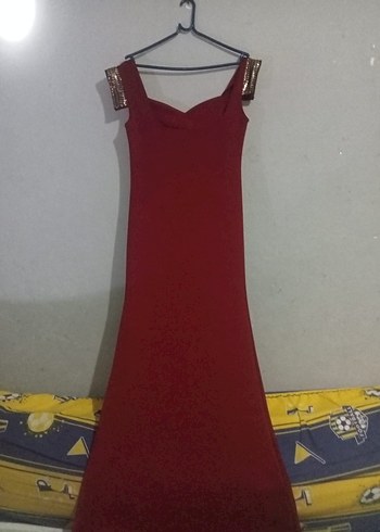 Kırmızı Drapeli Uzun Abiye Elbise - Görsel 2