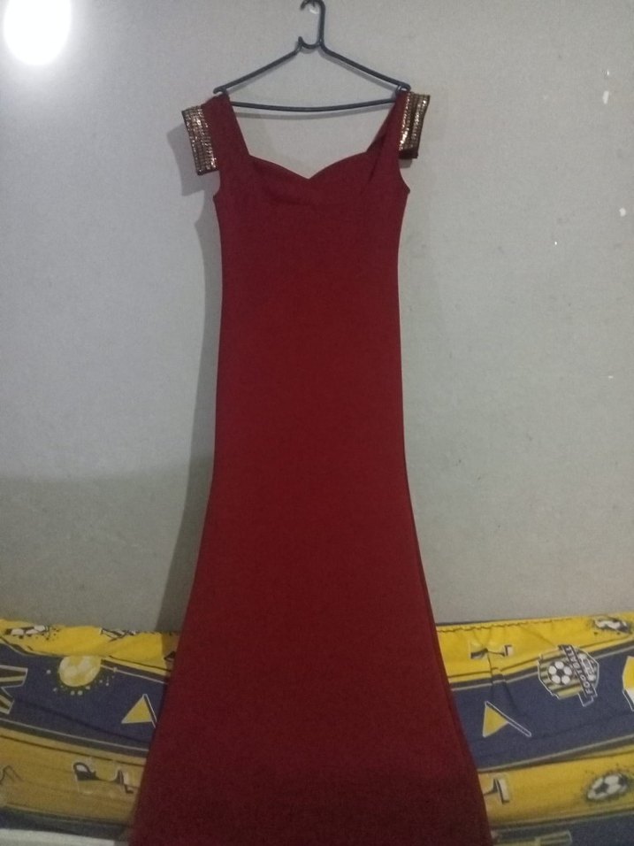 Kırmızı Drapeli Uzun Abiye Elbise - Görsel 2