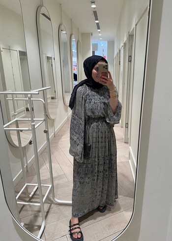 m Beden Gri Uzun Salaş Bağlama Desenli Kadın Elbise