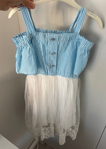 Omuzları Açık Mini Mavi Beyaz Elbise - Görsel 3