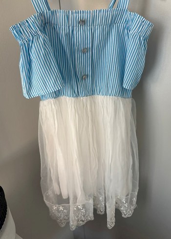 Omuzları Açık Mini Mavi Beyaz Elbise - Görsel 2