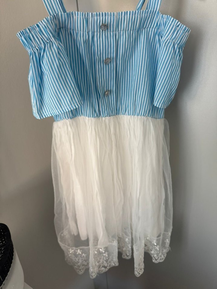 Omuzları Açık Mini Mavi Beyaz Elbise - Görsel 2