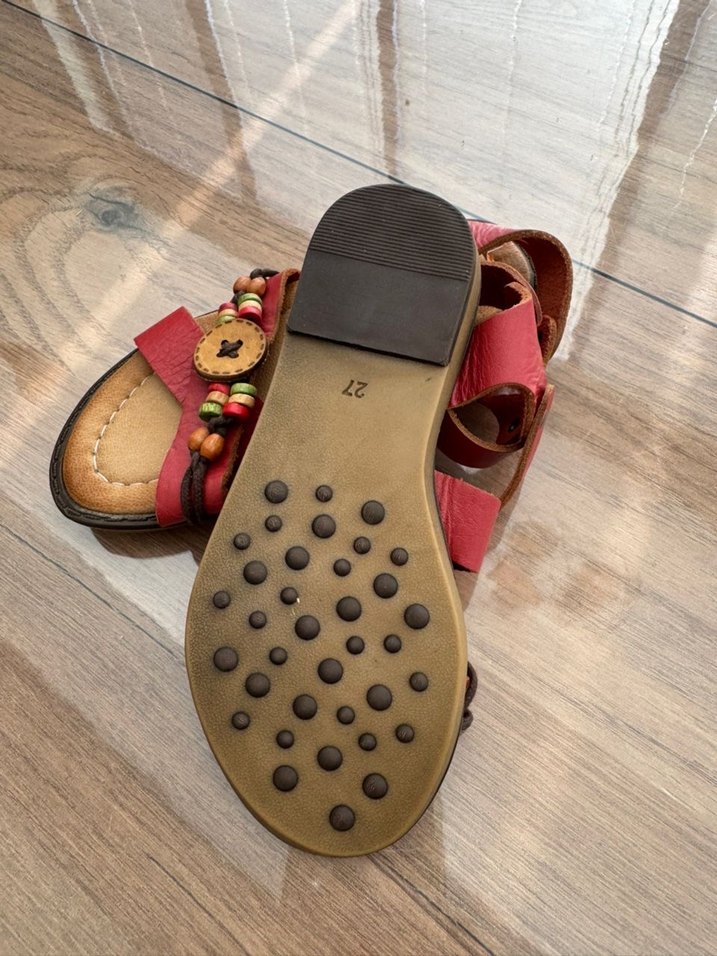 Kız Çocuk Deri Kırmızı Bohem Nakışlı Sandalet - Görsel 4