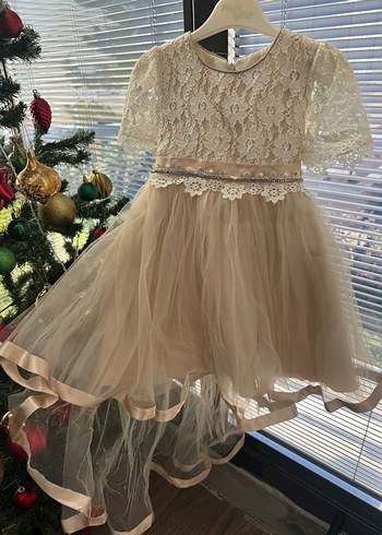 Kız Çocuk Krem Dantel İşlemeli Elbise - Görsel 2