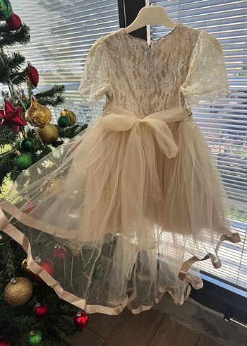 Kız Çocuk Krem Dantel İşlemeli Elbise - Görsel 4