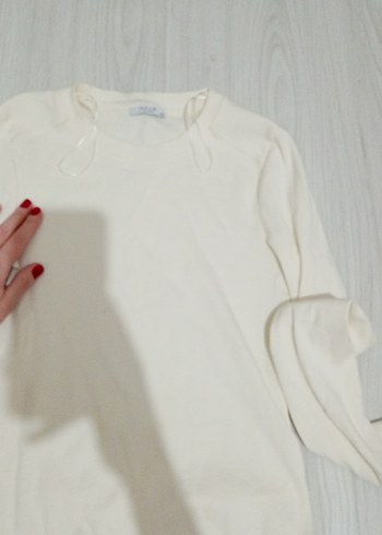 Beyaz Pamuklu Kısa Kollu Kadın Kazak - Görsel 2